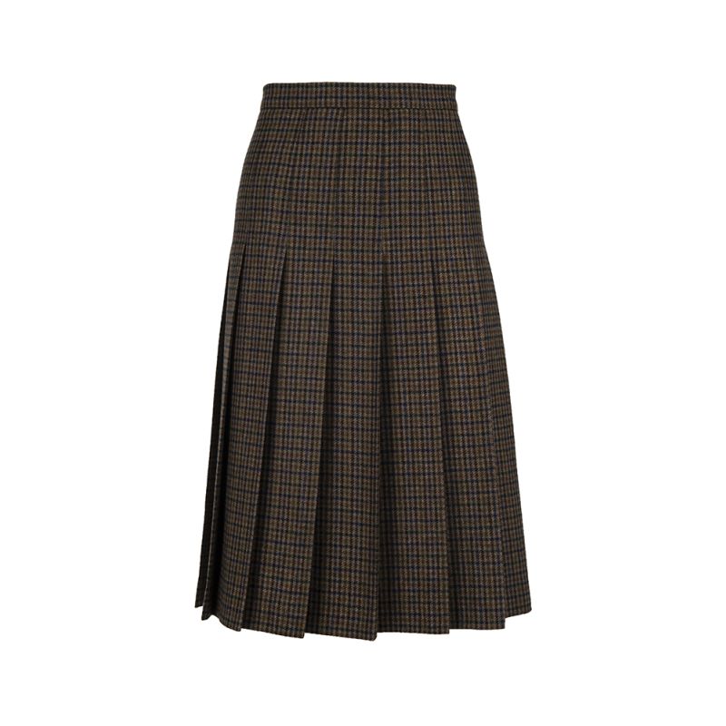All Round Knife Pleat Skirt in Green Check Tweed
