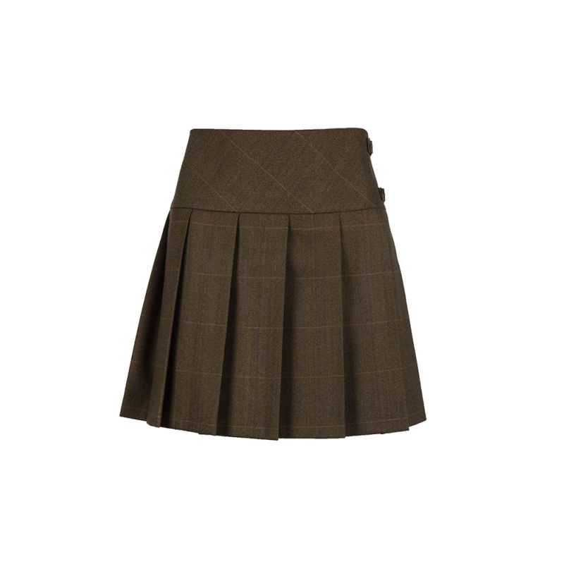 Hipster Pleated Skirt with Buckles in Brown Tweed - Mini Length