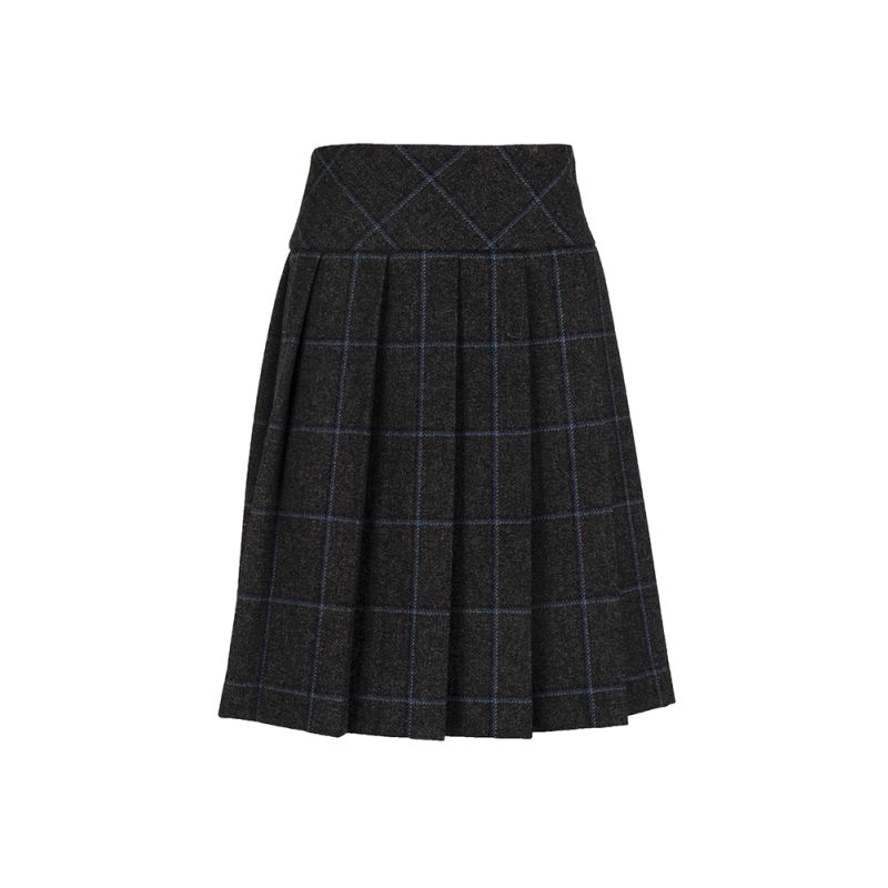 Hipster Pleated Skirt with Buckles in Grey and Blue Tweed - Mini Length
