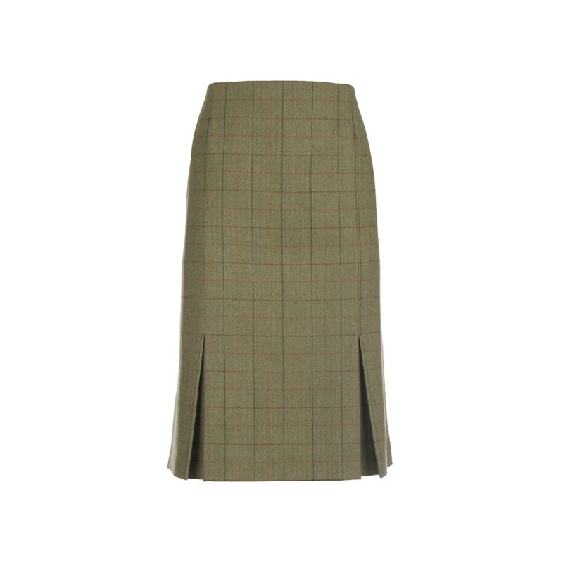 Fitted Skirt with Two Kick Pleats in Lightweight Green Tweed