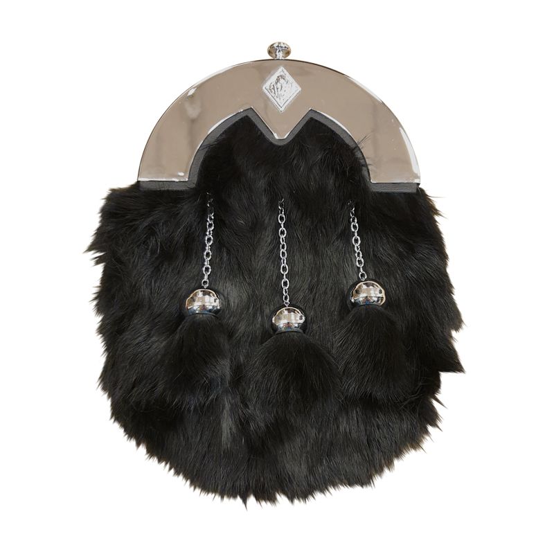 Black Rabbit Dress Sporran with plain Cantle, Thistle button in centre and 3 tassels - Reduced to Clear