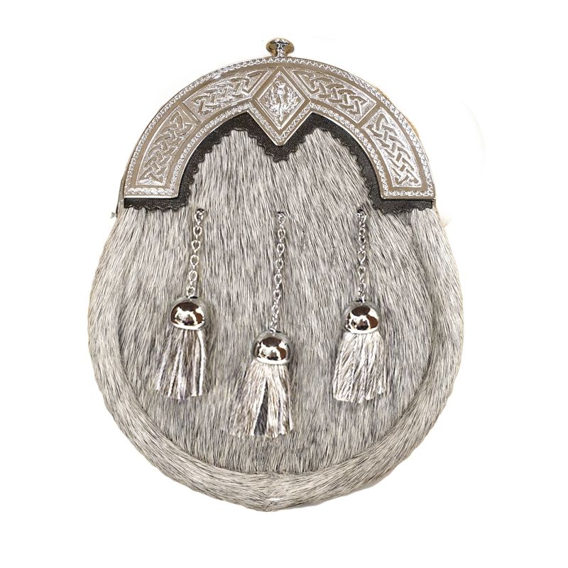 Pony skin Dress Sporran with Celtic Design Cantle with Diamond Shield in Chrome