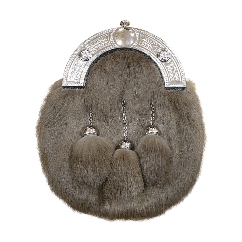 Smoky Rabbit Fur Dress Sporran with Celtic Cantle in Chrome - Reduced to Clear