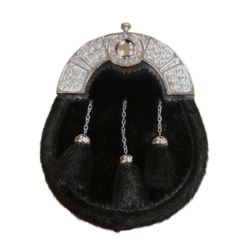 Sealskin Dress Sporran in Black with Shield Design in Chrome Finish - Reduced to Clear