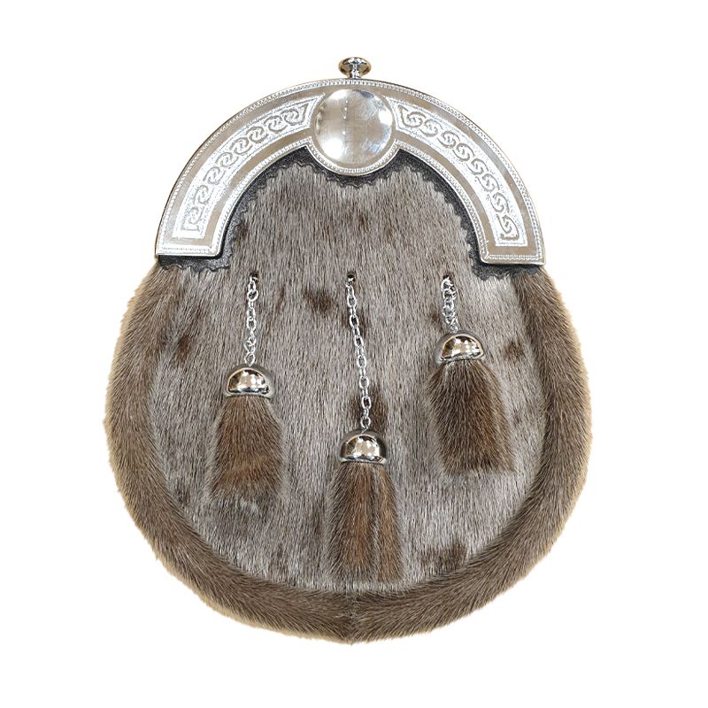 Sealskin Dress Sporran with Celtic cantle and 3 tassels in Chrome Finish - Reduced to Clear