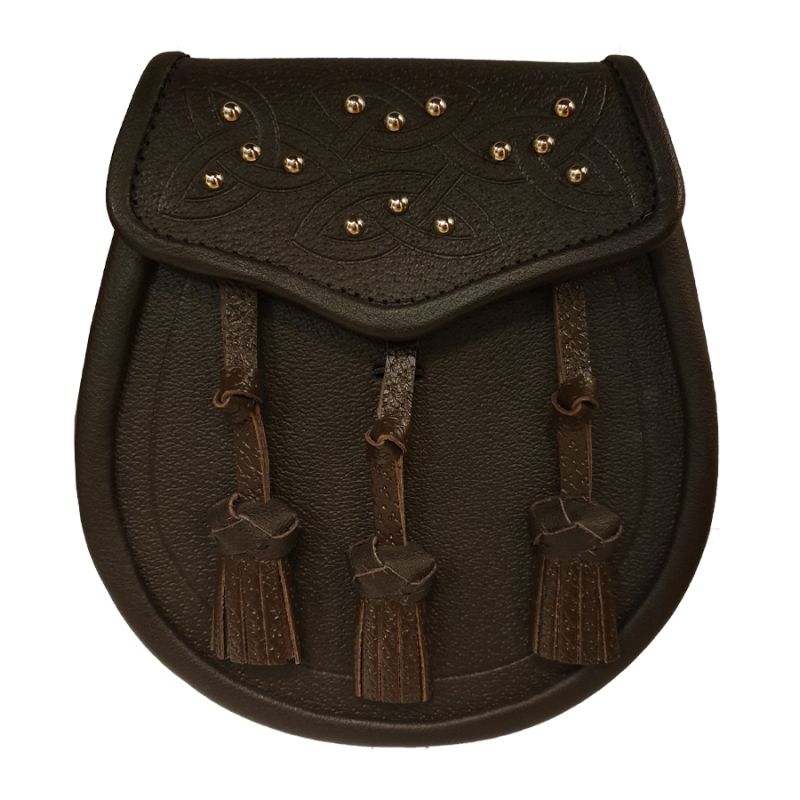 Black or Brown Leather Grained Leather Sporran With 3 Knotted Tassels