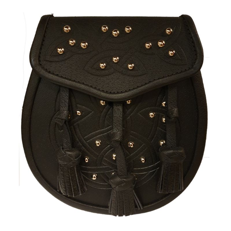 Black or Brown Grained Leather Sporran With 3 Knotted Leather Tassels main image 1
