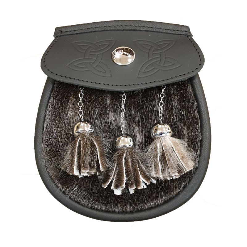 Seal Skin Semi Dress Sporran with Celtic Design Black Leather Flap and 3 tassels