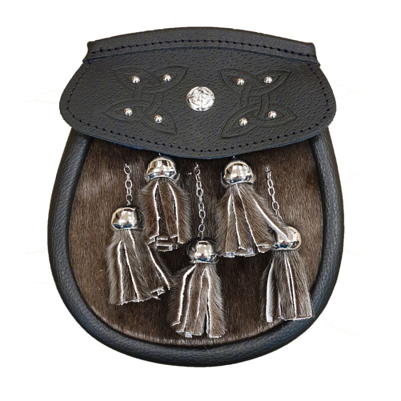 Seal Skin Semi Dress Sporran with Tooled Black Leather Flap and 5 Chrome Tassels