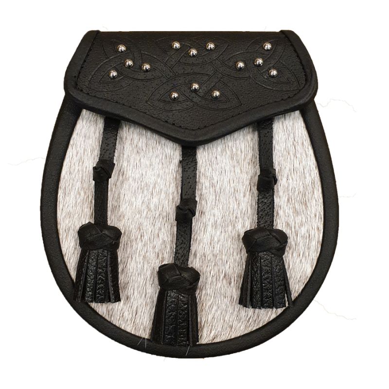 Pony Skin Semi Dress Sporran with Celtic Black Leather Flap and 3 Knotted Tassels