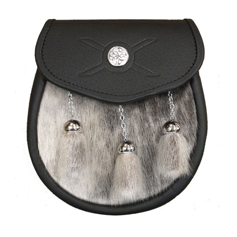 Seal Skin Semi Dress Sporran in Black Leather with St Andrews Cross