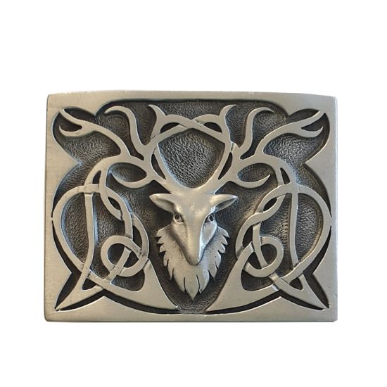 Stags Head Celtic Design Pewter Buckle in Matt Finish