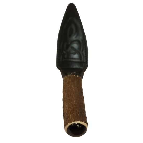 Red Deer Antler Handle Sgian Dubh with Celtic Embossed Black Leather Celtic Sheath
