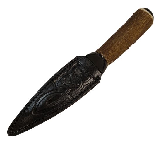 Red Deer Antler Handle Sgian Dubh with Celtic Embossed Black Leather Celtic Sheath