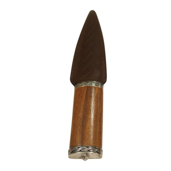 Rose Wood Handle Sgian Dubh with Ball Top and Brown Leather Celtic Sheath
