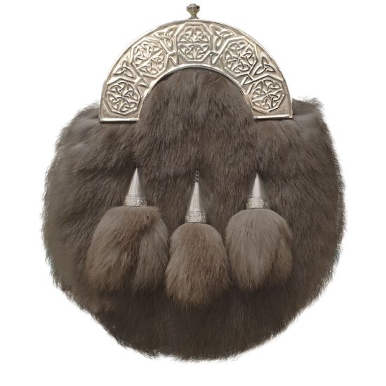 Rabbit Fur Dress Sporran with Intricate Celtic Design Cantle in Antique Polished Finish