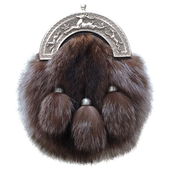 Racoon Fur Dress Sporran with Stag and Hound Cantle in Antique Finish