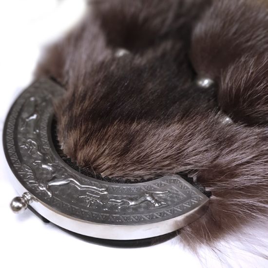 Racoon Fur Dress Sporran with Stag and Hound Cantle in Antique Finish