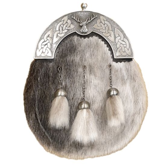 Sealskin Dress Sporran with Celtic Knot and Stags Head Cantle in Antique Finish