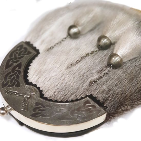 Sealskin Dress Sporran with Celtic Knot and Stags Head Cantle in Antique Finish