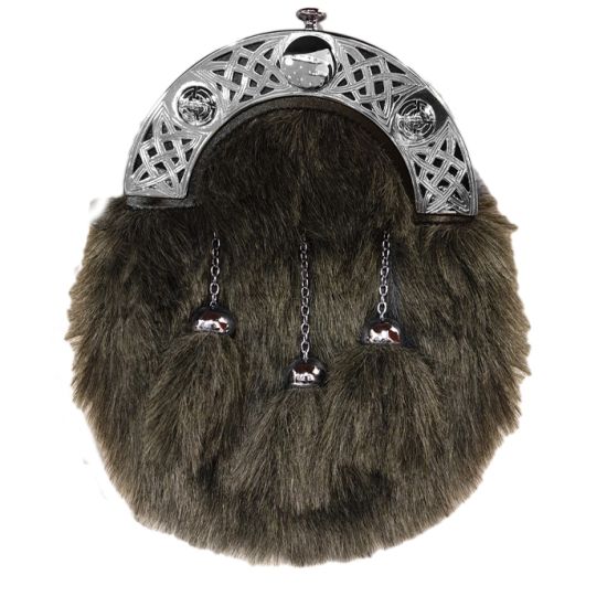Faux Fur Dress Sporran with Open Work Celtic Knot Cantle in Grey 