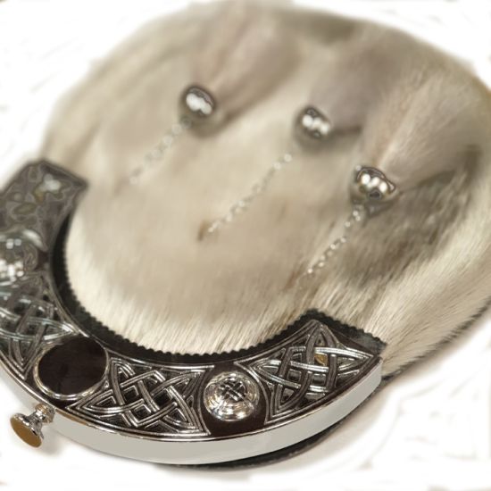 Sealskin Dress Sporran with Celtic Knot Open Work Cantle in Chrome Finish