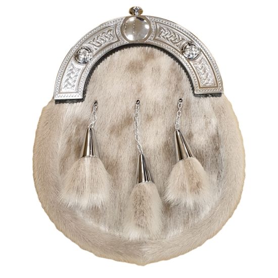 Sealskin Dress Sporran with Celtic Design Cantle and 3 Cone Tassels in Chrome Finish