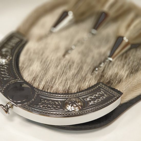 Sealskin Dress Sporran with Celtic Design Cantle and 3 Cone Tassels in Chrome Finish