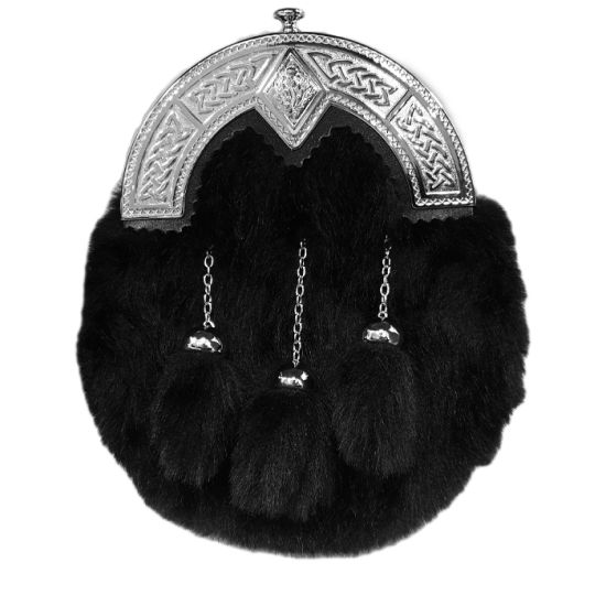 Faux Fur Dress Sporran with Celtic and Thistle design cantle in Black