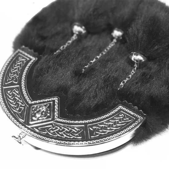 Faux Fur Dress Sporran with Celtic and Thistle design cantle in Black