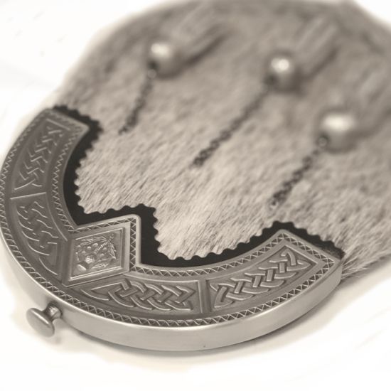 Pony skin Dress Sporran with Celtic Cantle with Diamond Shield in Antique Fiunish