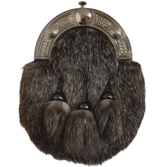 Chinchilla Dress Sporran with Celtic cantle and 3 tassels in Smokey Chrome Finish