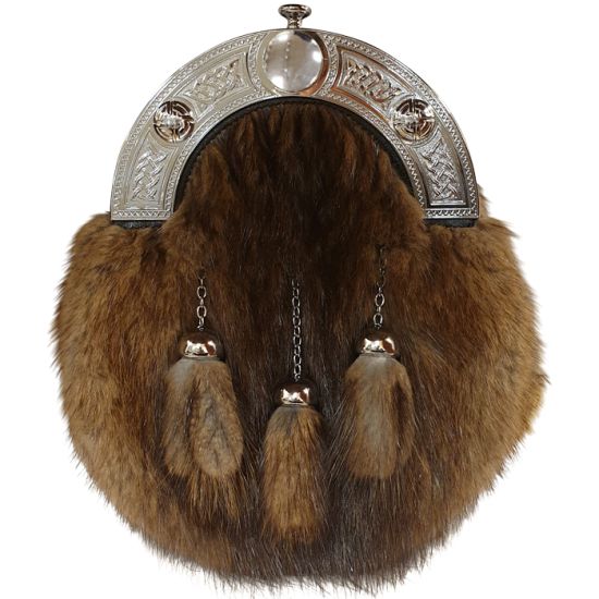 Musquash Dress Sporran with Celtic Cantle and 3 tassels in Chrome Finish