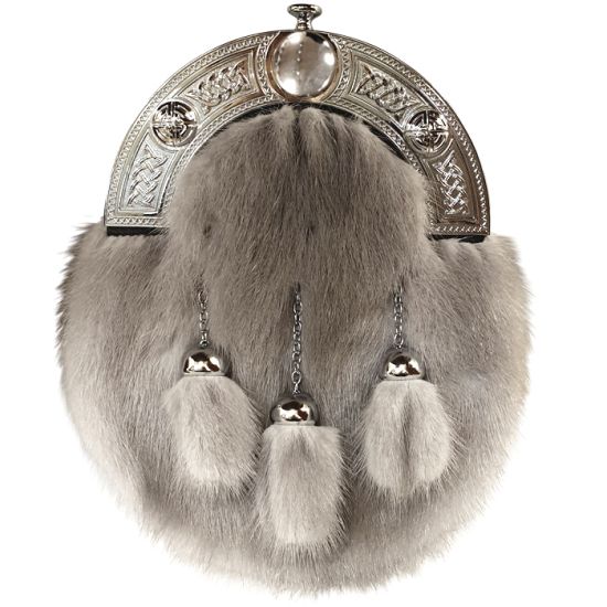 Sapphire Mink Dress Sporran with Celtic Cantle and 3 tassels in Chrome Finish