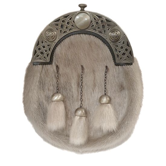 Sealskin Dress Sporran with Celtic Knot Open Work Cantle in Antique Finish
