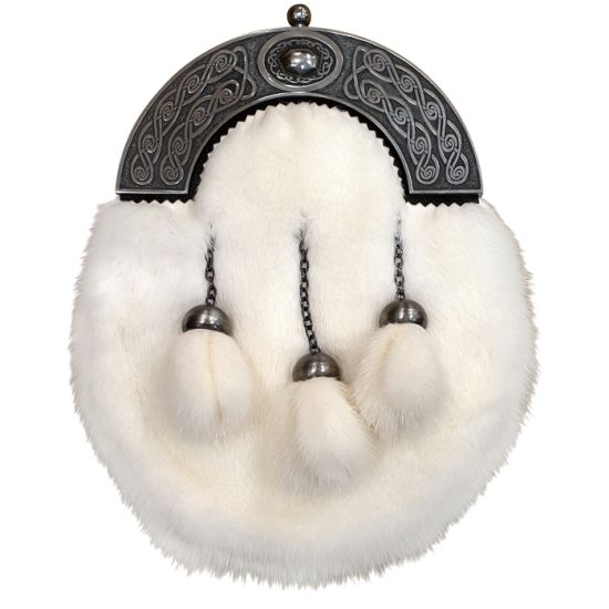 White Mink Dress Sporran with Celtic Oval Design Cantle and 3 tassels in Antique Finish