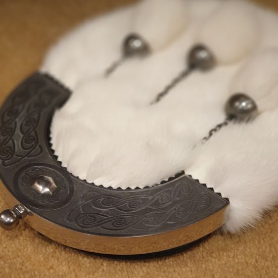 White Mink Dress Sporran with Celtic Oval Design Cantle and 3 tassels in Antique Finish