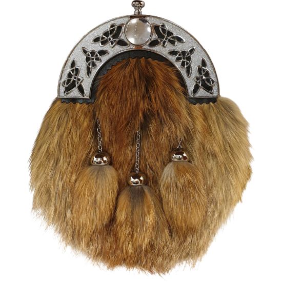 Red Fox Dress Sporran with Celtic cantle and 3 matching tassels in Chrome Finish