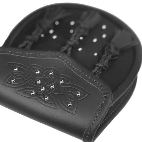 Leather Day Sporran All Over Studded Celtic Design and 3 Pleated Tassels in Black