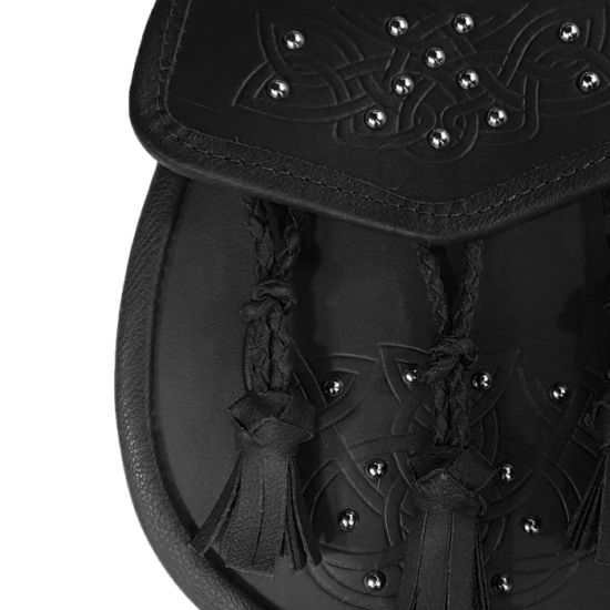 Leather Day Wear Sporran with all over studded Celtic design and 3 pleated leather tassels in Black