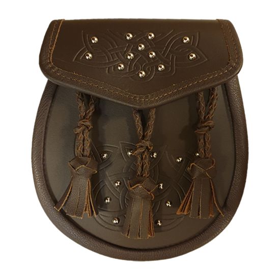 Leather Day Sporran All Over Studded Celtic Design and 3 Pleated Tassels in Brown