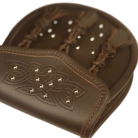 Leather Day Sporran All Over Studded Celtic Design and 3 Pleated Tassels in Brown