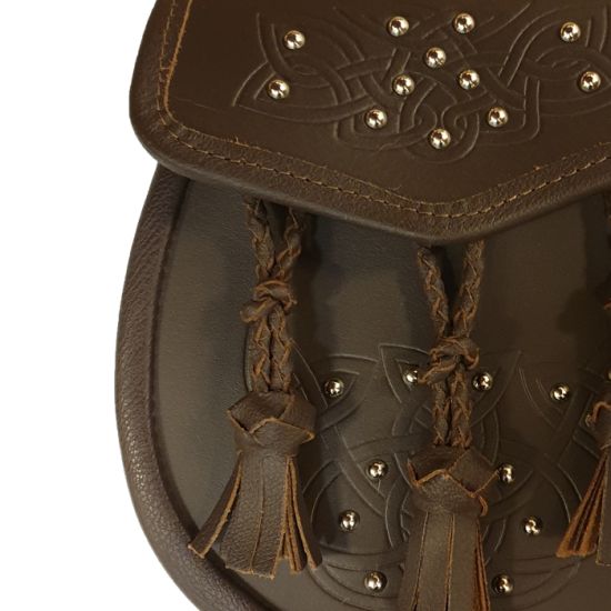 Leather Day Wear Sporran with all over studded Celtic design and 3 pleated leather tassels in Brown