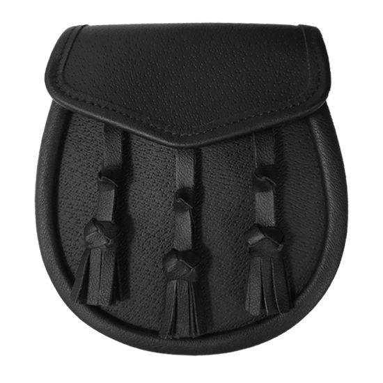 Leather Day Sporran, with 3 Hand Knotted Tassels in Black