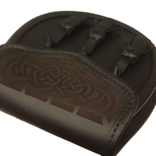 Leather Day Wear Sporran, with Laser Etched Celtic Design on Flap in Black