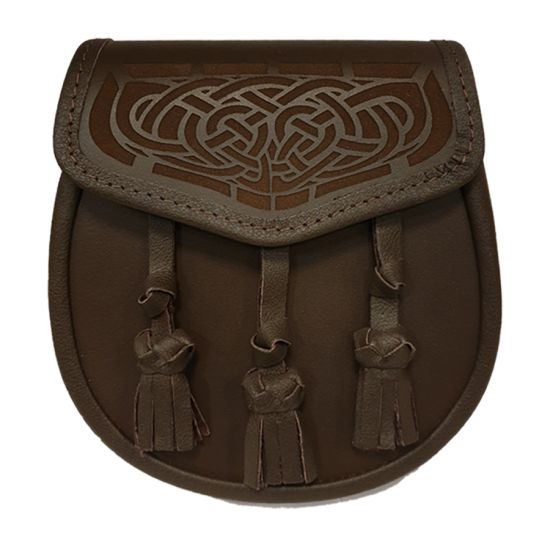 Leather Day Sporran, with Laser Etched Celtic Design on Flap in Brown