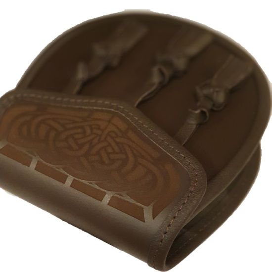Leather Day Wear Sporran, with Laser Etched Celtic Design on Flap in Brown