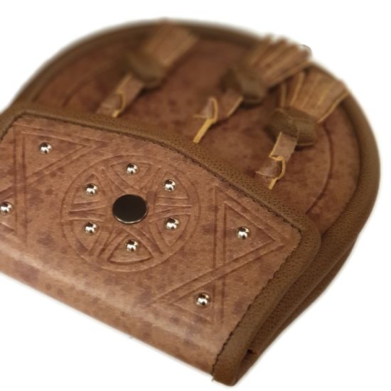 Leather Day Wear Sporran, tooled Celtic design on top with 3 leather tassels in Tan