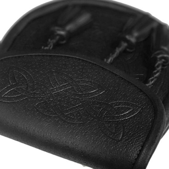 Black Leather Day Wear Sporran with all over tooled Celtic design and 3 leather tassels