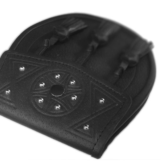 Leather Day Sporran - Tooled and Studded Celtic design with 3 Knotted Tassels in Black